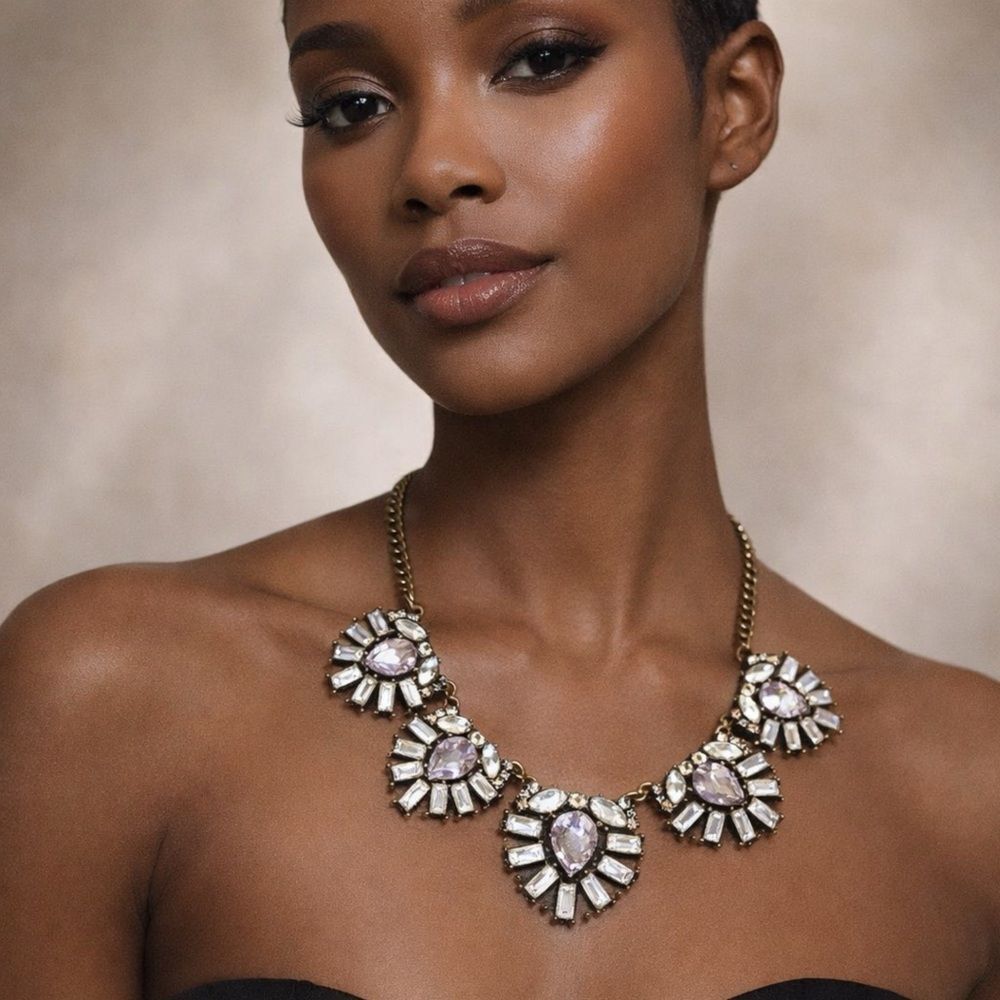 BaubleBar Purple Rhinestone Statement Necklace Antique Gold Chain Bib Necklace